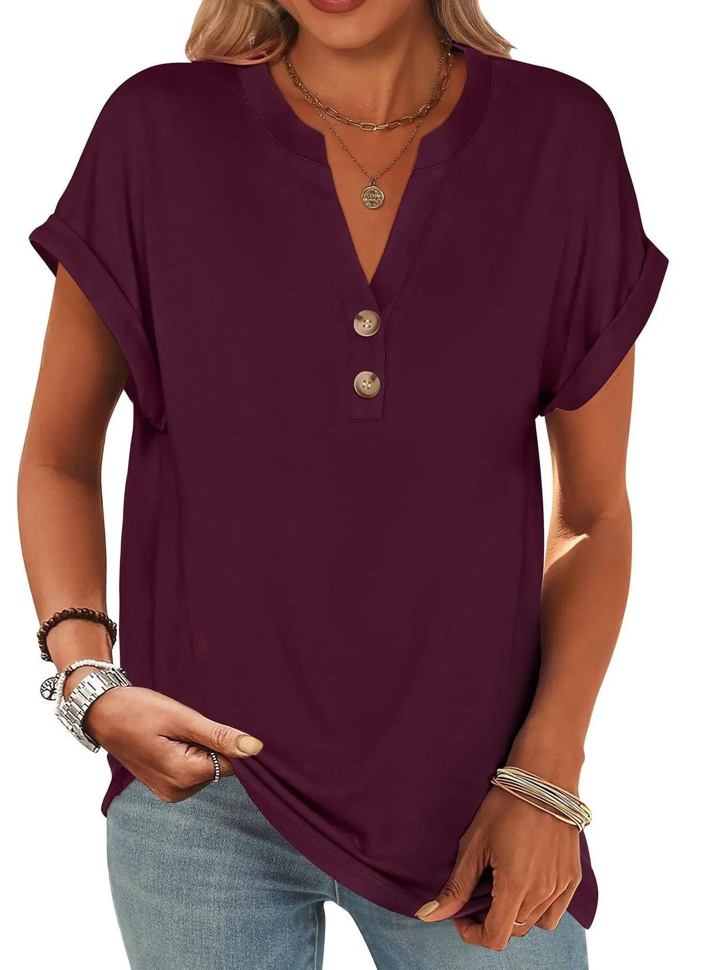 Purple women's V-neck button-up t-shirt with rolled sleeves, casual fashion top