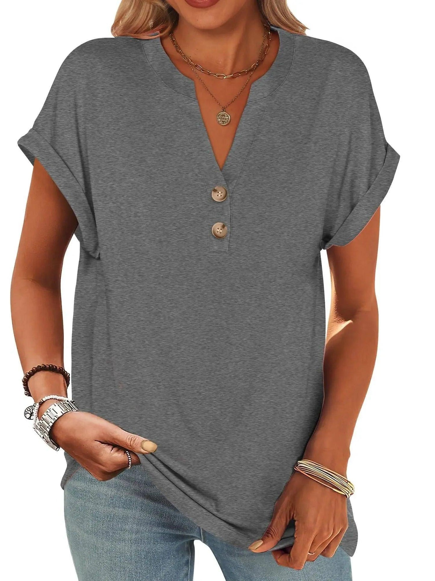 Gray women's V-neck button-front t-shirt with rolled sleeves, casual fashion top
