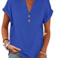 Blue women's V-neck button-front t-shirt with rolled sleeves, casual fashion top