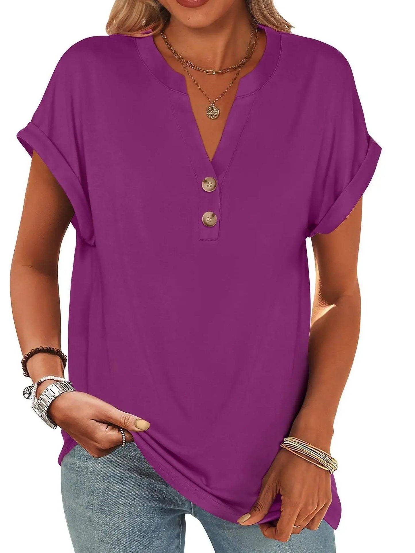 Purple women's V-neck button-up t-shirt with rolled sleeves, casual fashion top