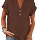 Brown women's V-neck button-up t-shirt with rolled sleeves, casual fashion top