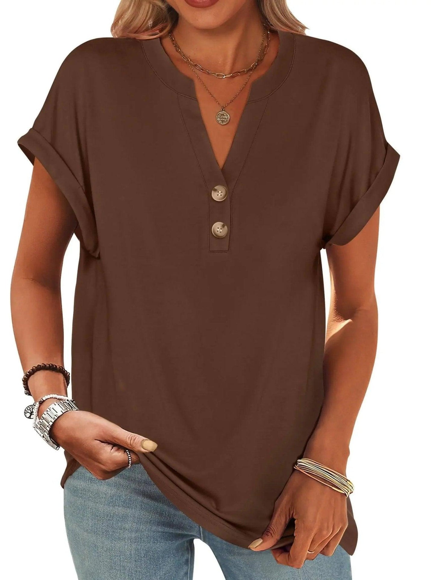 Brown women's V-neck button-up t-shirt with rolled sleeves, casual fashion top