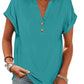 Teal women's V-neck button-up t-shirt with rolled sleeves, casual fashion top