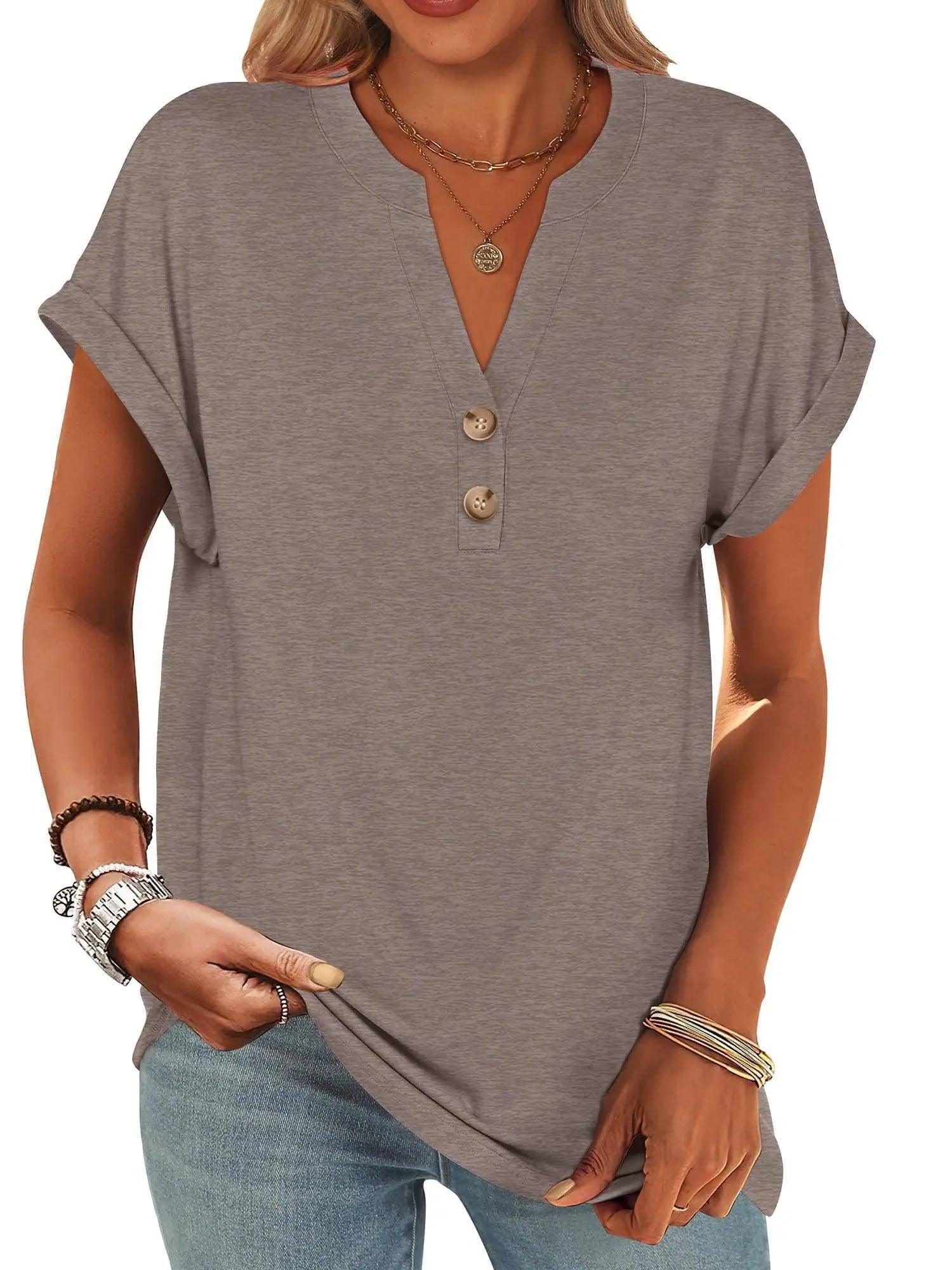 Gray women's V-neck button-front t-shirt with rolled sleeves, casual fashion top