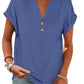 Blue women's V-neck button-front t-shirt with rolled sleeves, casual fashion top