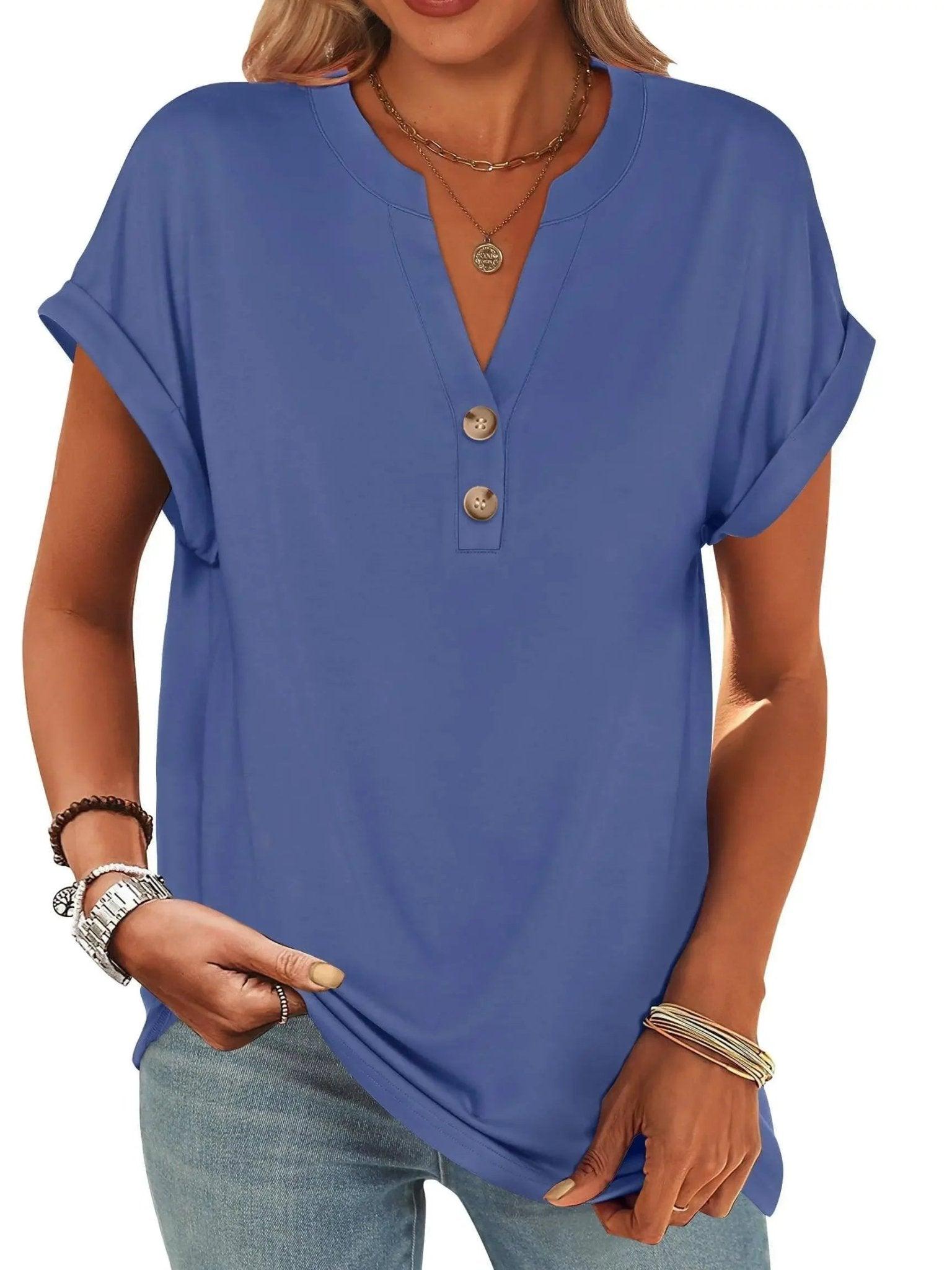 Blue women's V-neck button-front t-shirt with rolled sleeves, casual fashion top