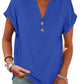 Royal blue women's V-neck button-front t-shirt with rolled sleeves, casual fashion top