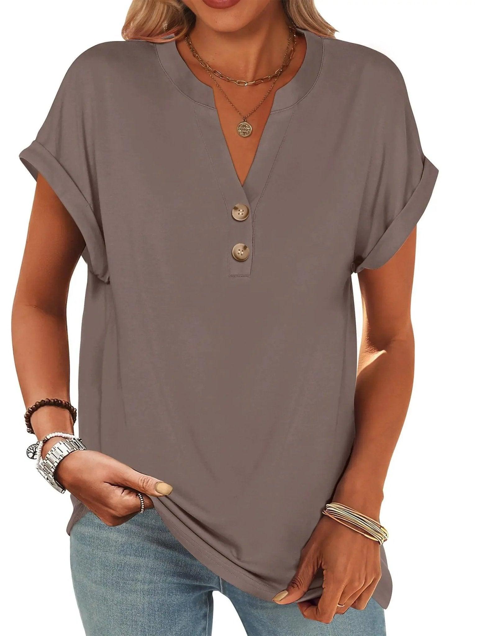 Women's gray V-neck button-up t-shirt with rolled sleeves, casual fashion top