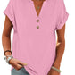 Pink women's V-neck button-up t-shirt with rolled sleeves, casual fashion top