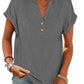 Gray women's V-neck button-front t-shirt with rolled sleeves, casual fashion top