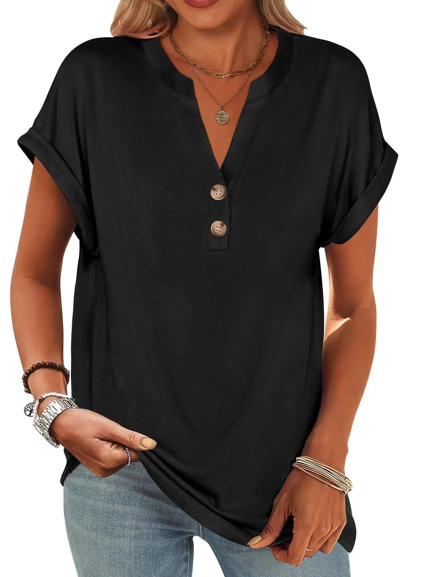 Black women's V-neck button-up t-shirt with rolled sleeves, casual fashion top