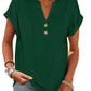 Green women's V-neck button-front t-shirt with rolled sleeves, casual fashion top
