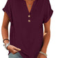 Purple women's V-neck button-up t-shirt with rolled sleeves, casual fashion top