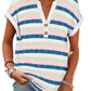Striped women's V-neck button-front t-shirt with rolled sleeves, pastel blue pink green white, casual fashion top