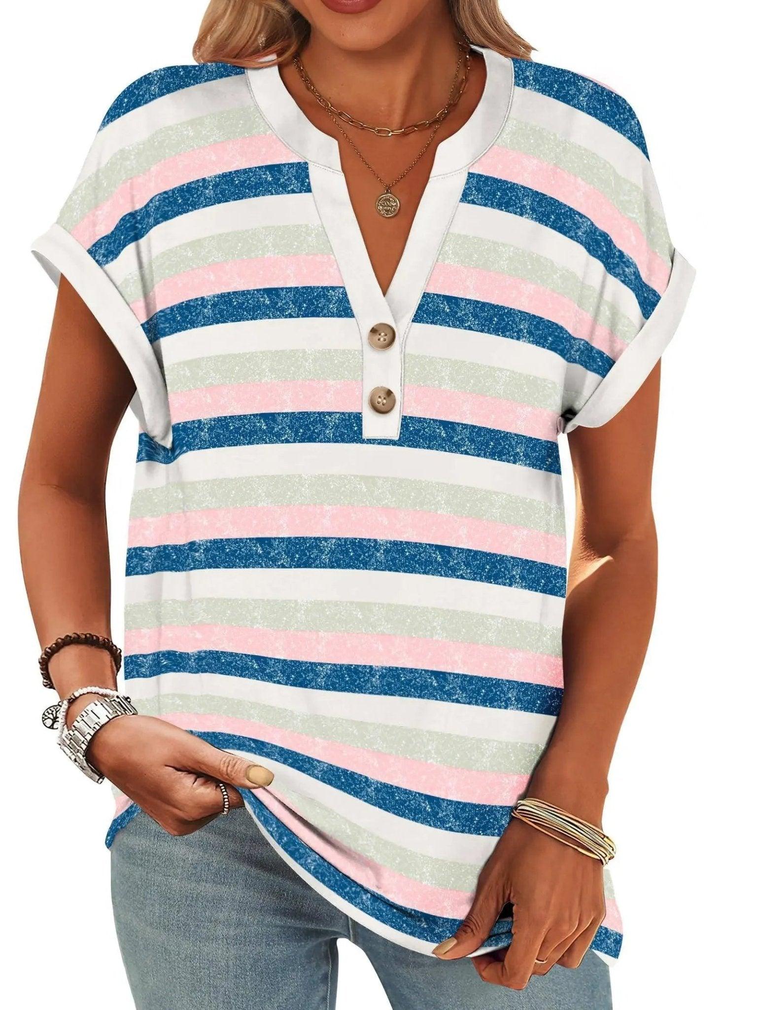 Striped women's V-neck button-front t-shirt with rolled sleeves, pastel blue pink green white, casual fashion top