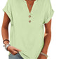 Light green women's V-neck button-up t-shirt with rolled sleeves, casual fashion top