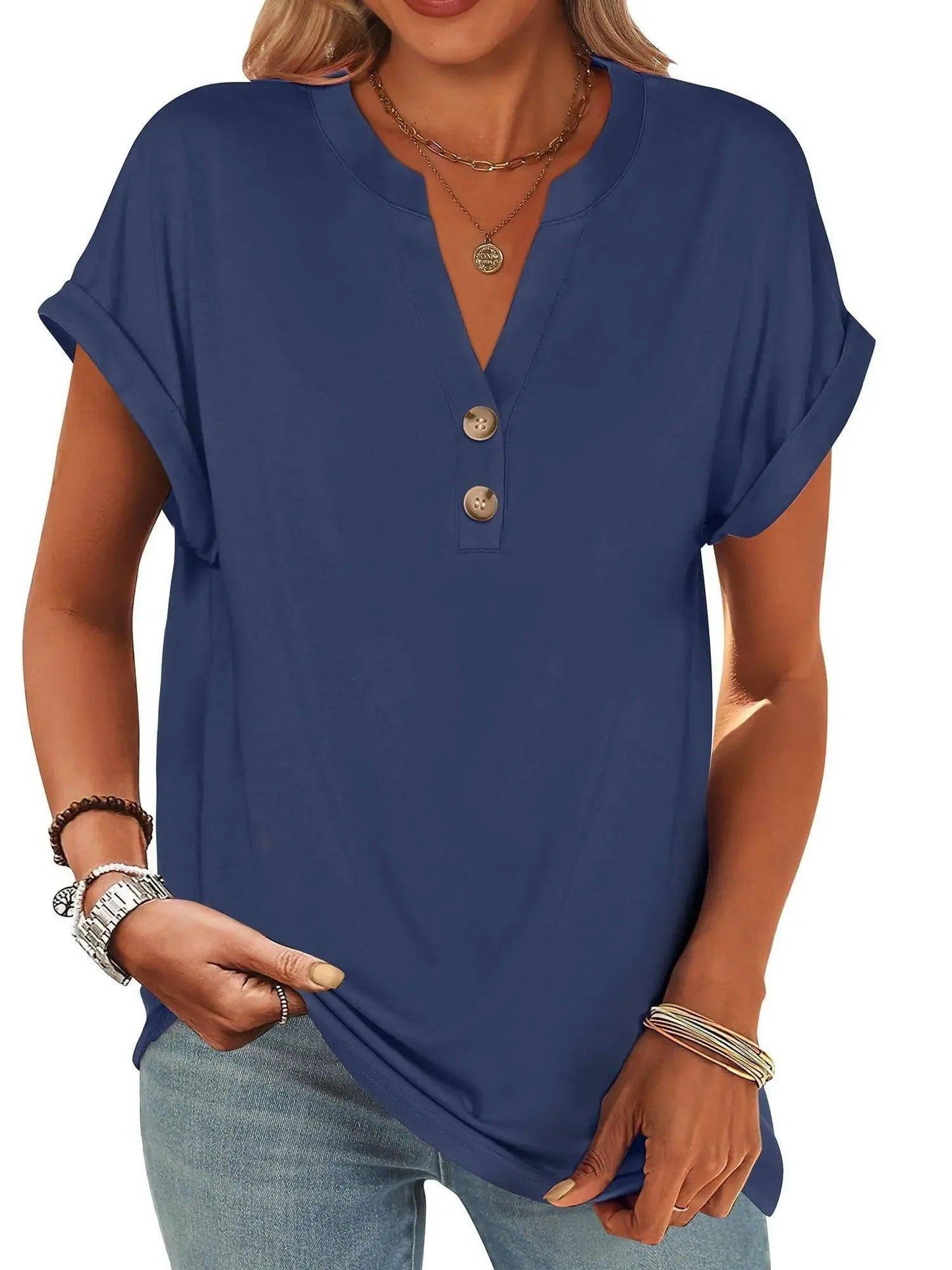 Navy blue women's V-neck button-front t-shirt with rolled sleeves, casual fashion top