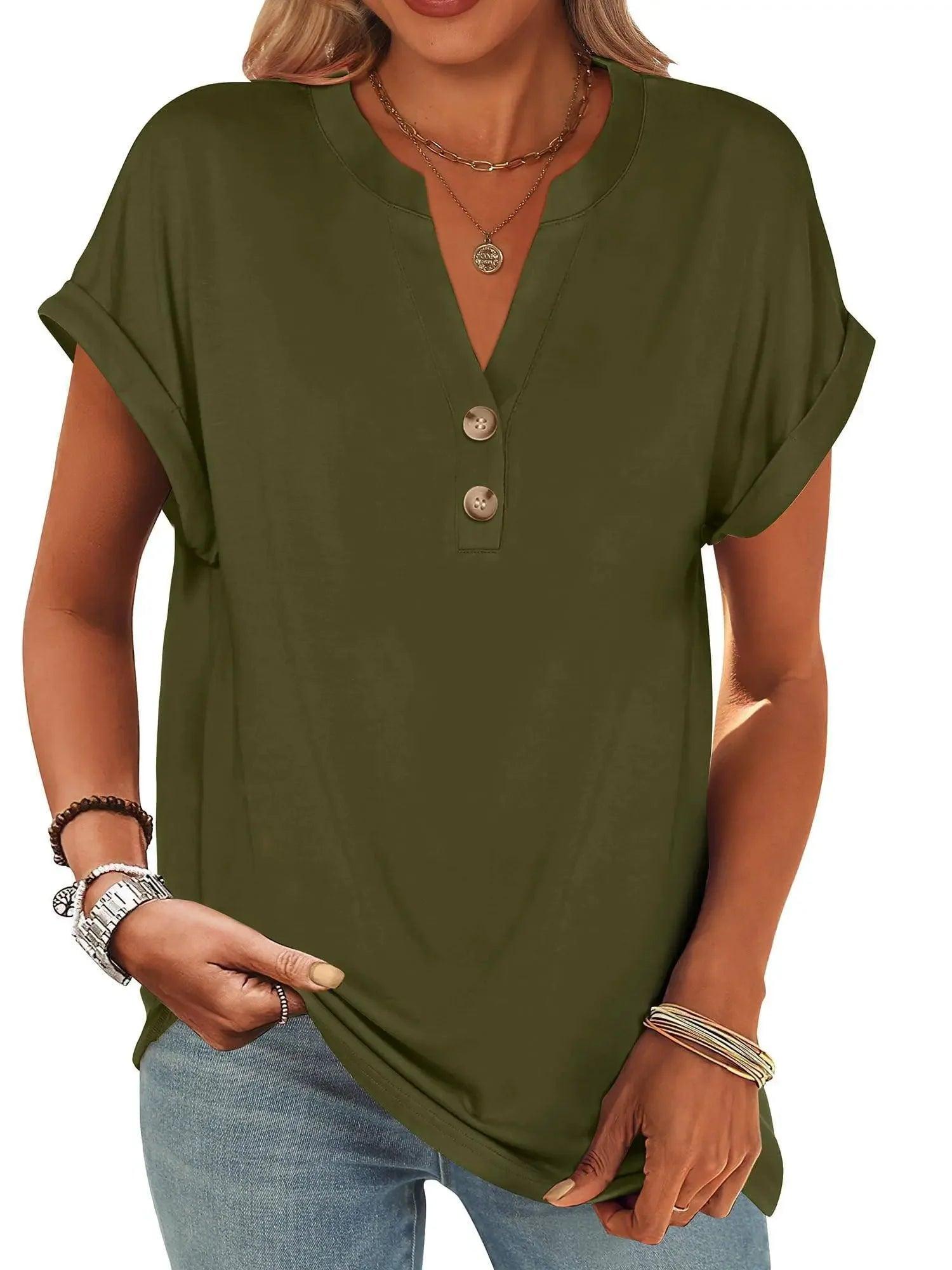 Olive green women's V-neck button-up t-shirt with rolled sleeves, casual fashion top