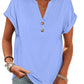 Light blue women's V-neck button-up t-shirt with rolled sleeves, casual fashion top