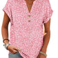 Pink floral print women's V-neck button-up top with short sleeves, casual fashion blouse