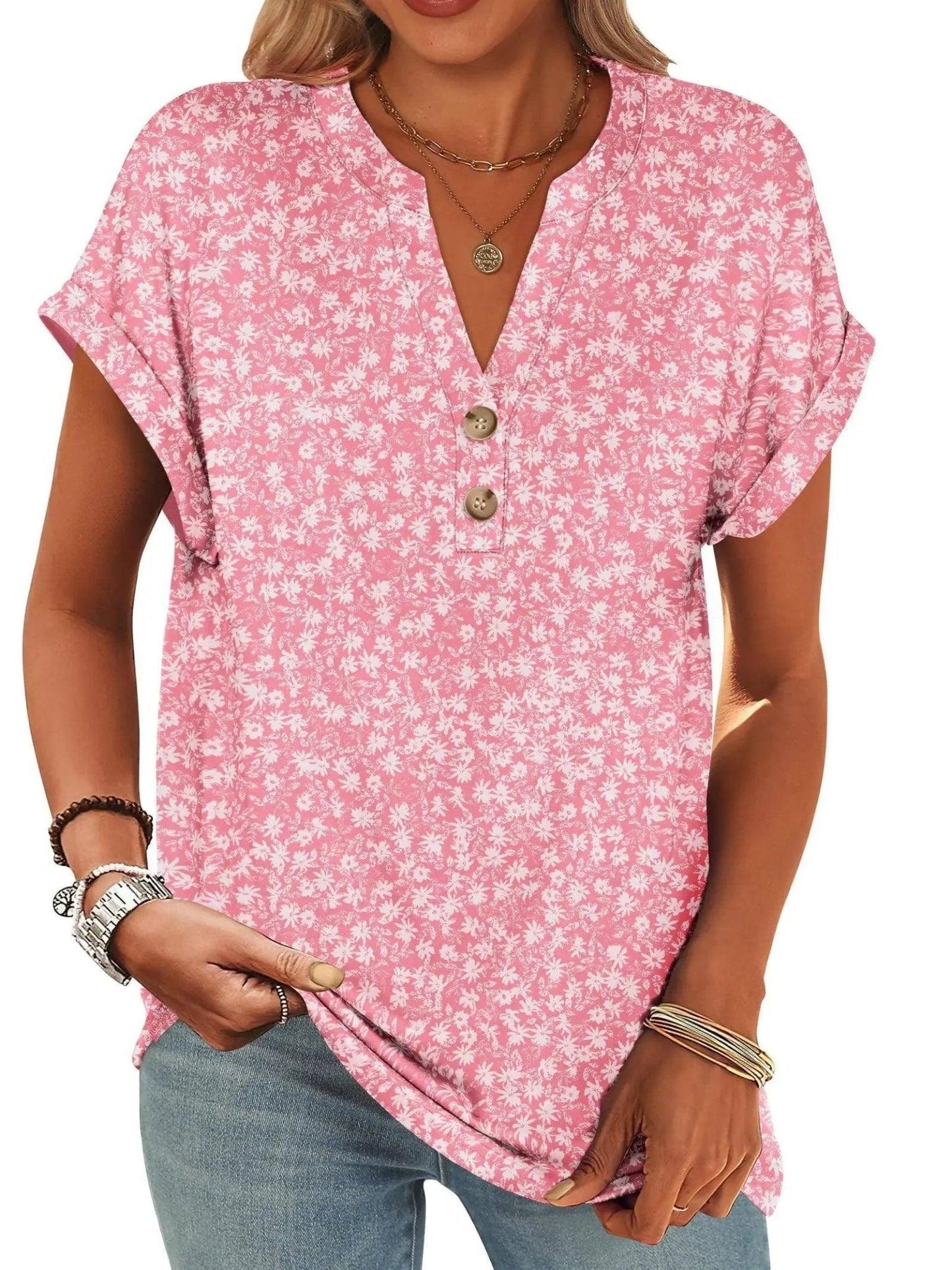 Pink floral print women's V-neck button-up top with short sleeves, casual fashion blouse
