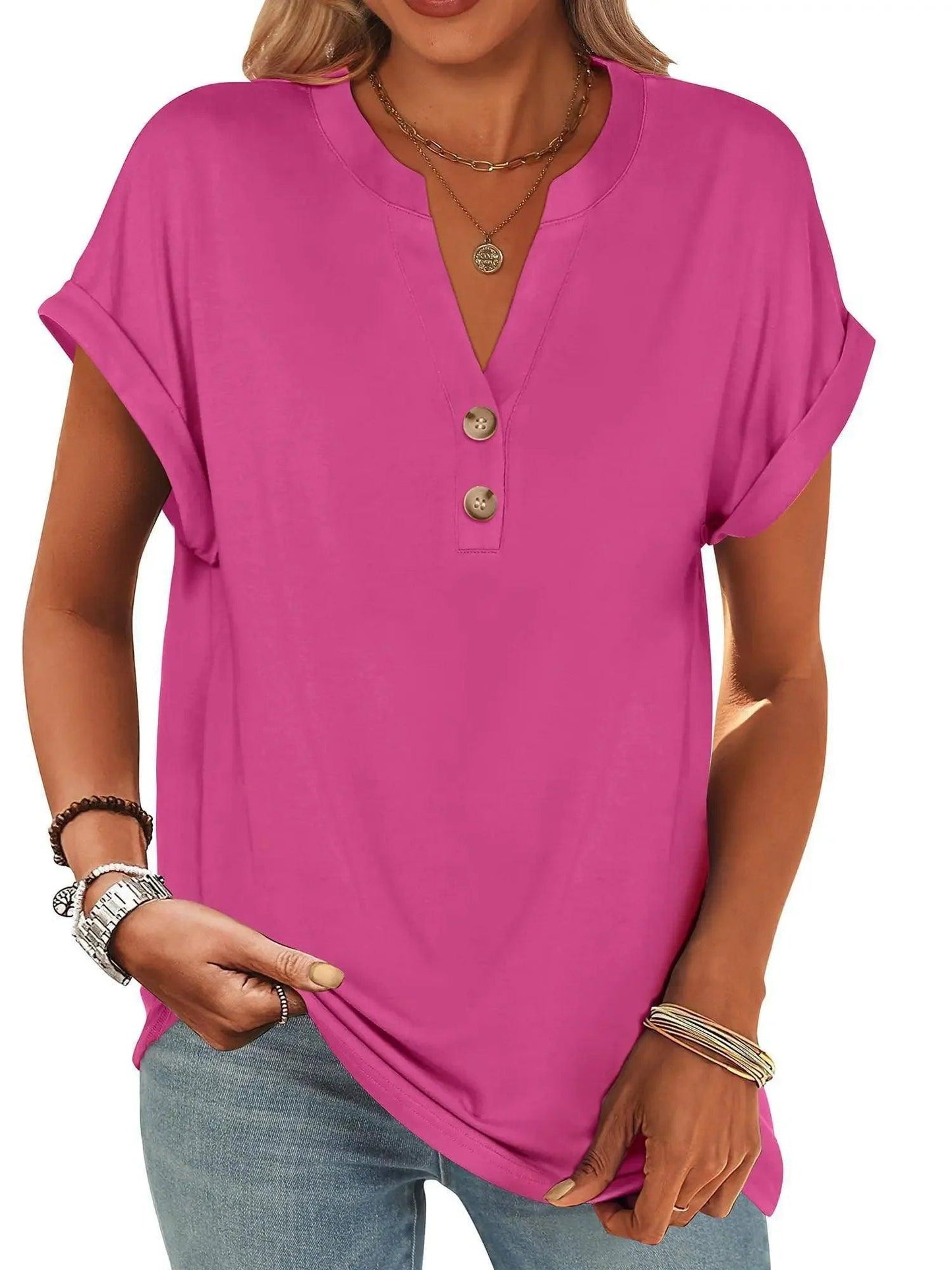 Pink women's V-neck button-up t-shirt with rolled sleeves, casual fashion top