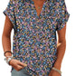 Women's floral print V-neck blouse with short sleeves and button front, stylish summer top