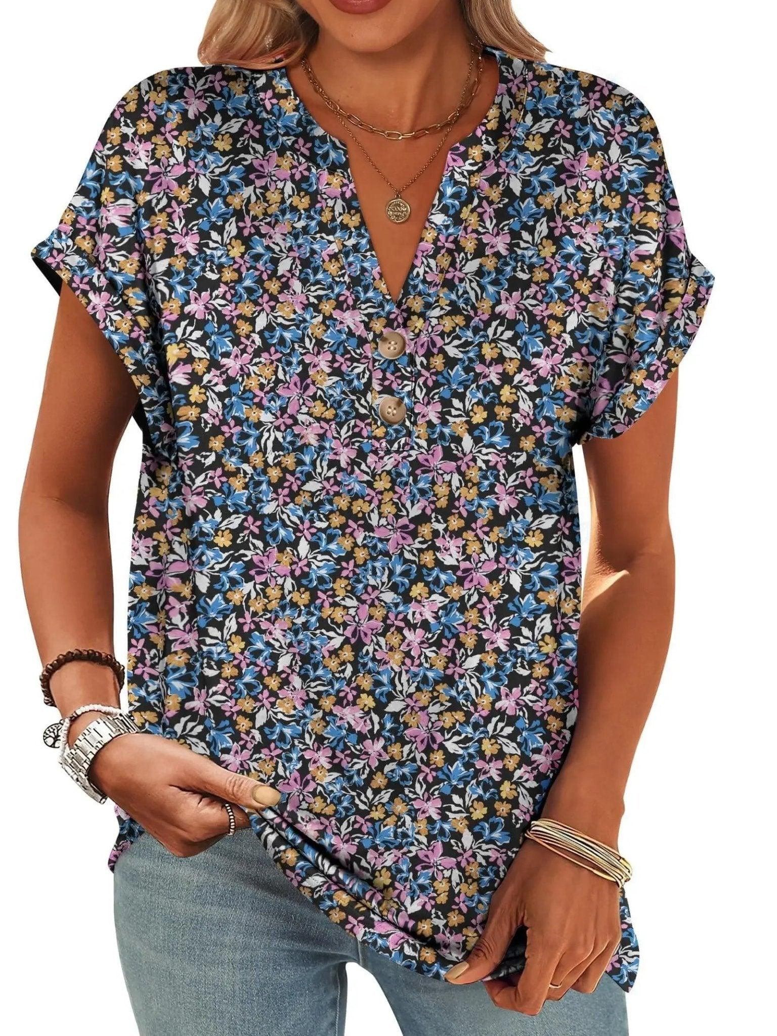Women's floral print V-neck blouse with short sleeves and button front, stylish summer top