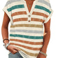 Striped women's V-neck button-up t-shirt with rolled sleeves, casual fashion top