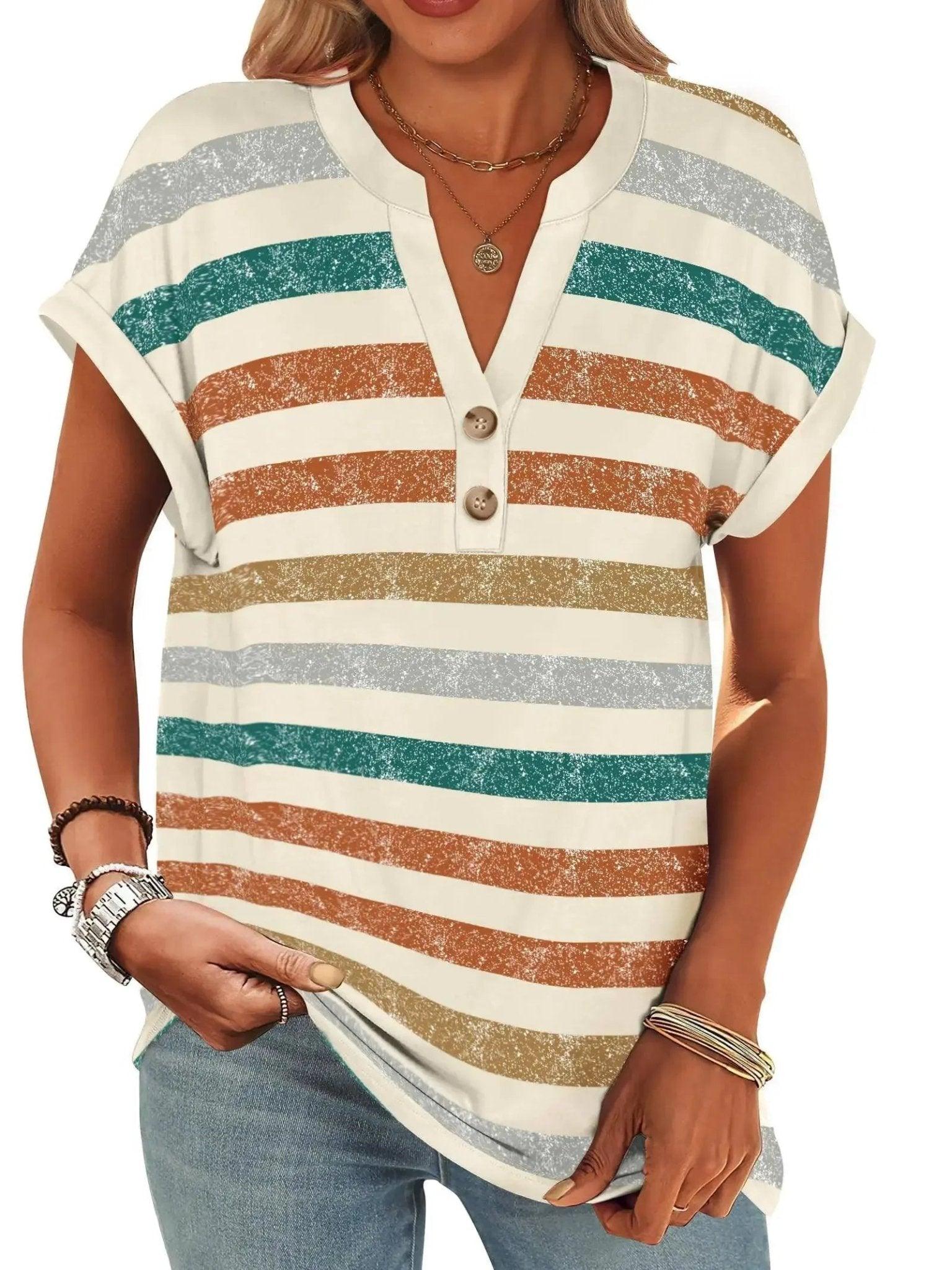 Striped women's V-neck button-up t-shirt with rolled sleeves, casual fashion top