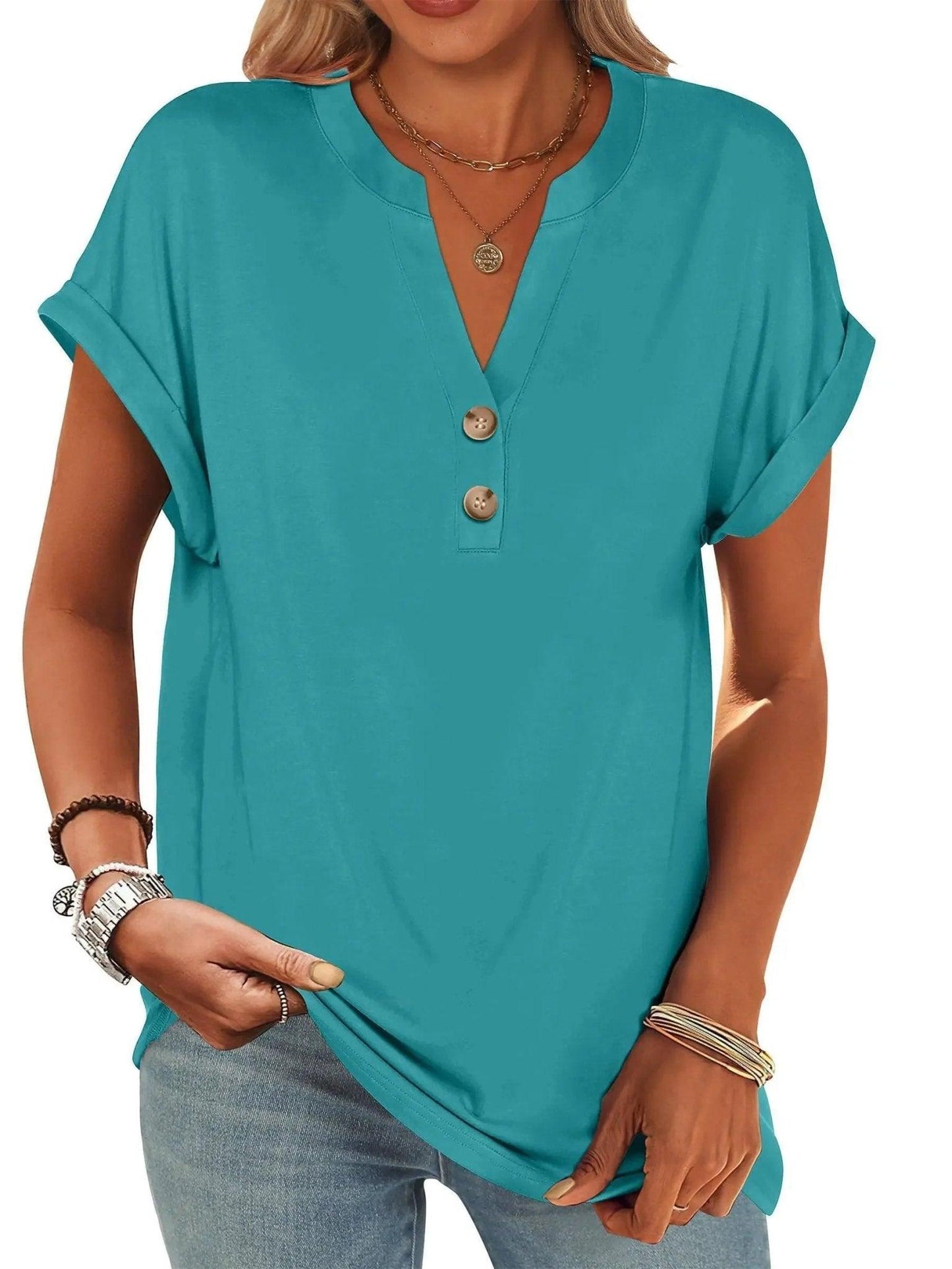 Teal women's V-neck button-front t-shirt with rolled sleeves, casual fashion top