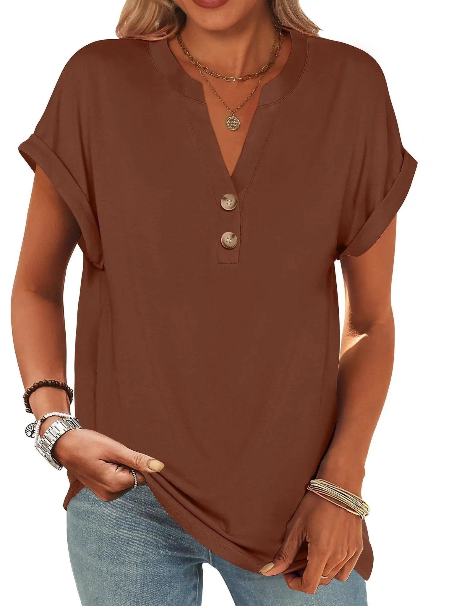 Brown women's V-neck button-up t-shirt with rolled sleeves, casual fashion top