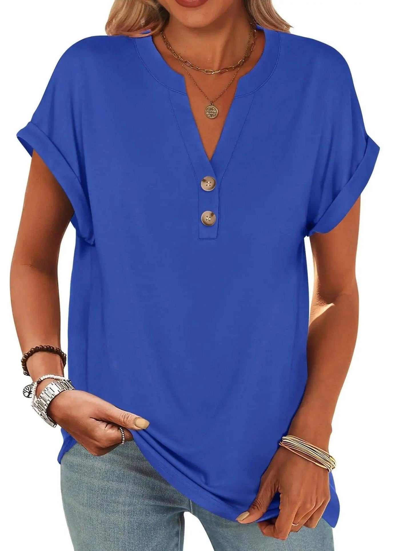Royal blue women's V-neck button-front t-shirt with rolled sleeves, casual fashion top