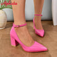 Bright pink patent leather pumps with ankle strap, perfect for women's fashion and stylish outfits.