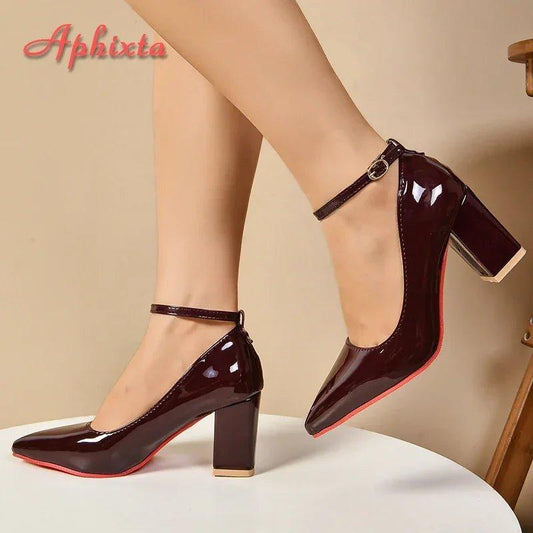 Burgundy patent leather pumps with ankle strap and block heel for women's fashion