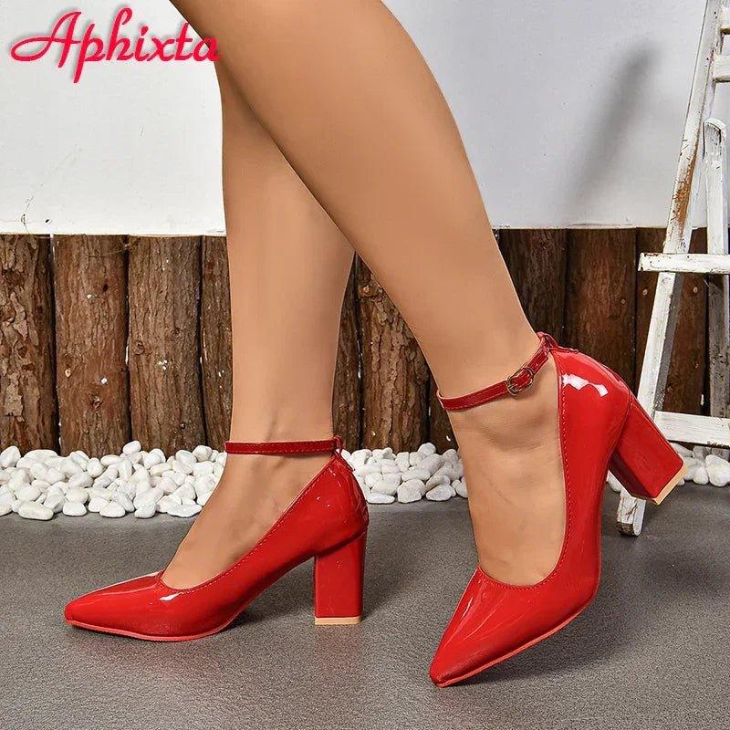 Red patent leather ankle strap heels for women's fashion