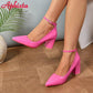 Bright pink patent leather pumps with ankle strap, stylish women's fashion heels