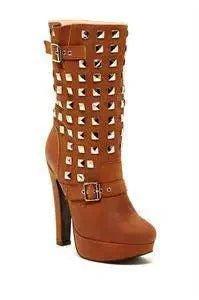Brown studded platform boots with buckle straps, women's fashion footwear