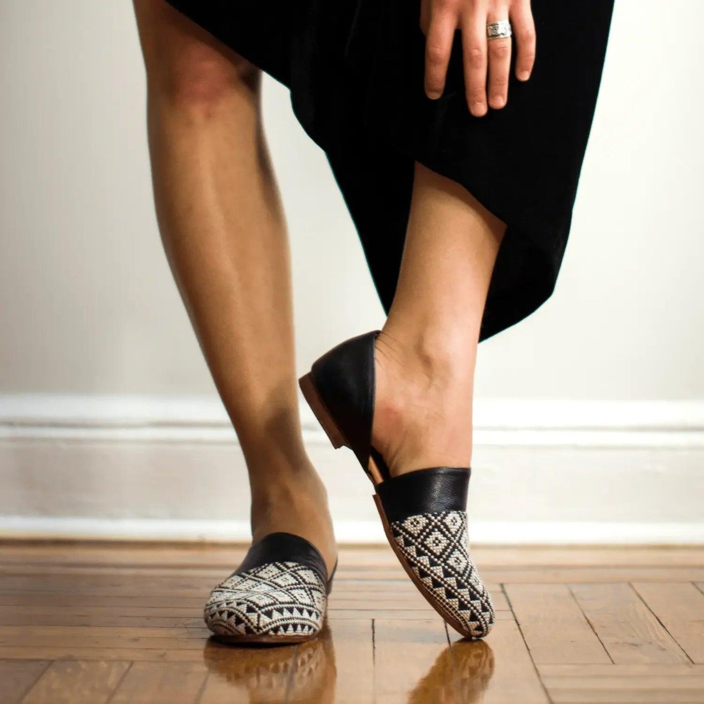 Women's black loafers with geometric beaded pattern, stylish slip-on shoes for fashion outfits
