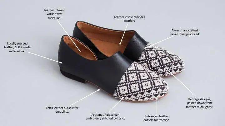 Handcrafted black loafers with Palestinian embroidery, leather interior, and rubber sole for comfort and traction
