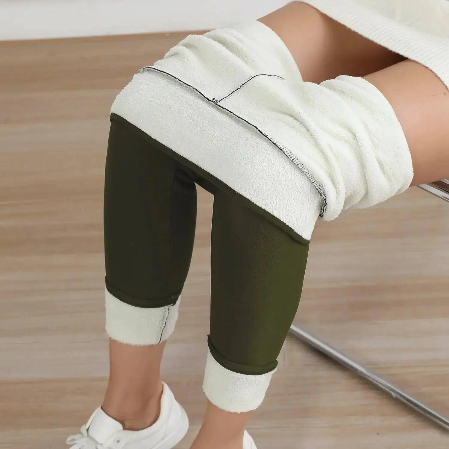 Olive green leggings with white fleece lining, cozy and stylish for women's fashion