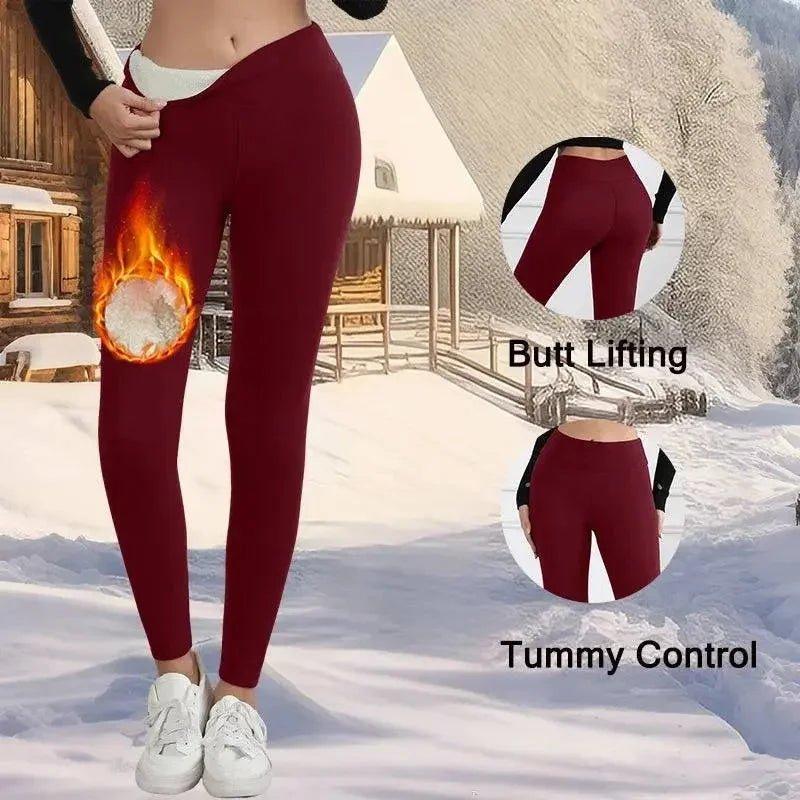 Women's burgundy thermal leggings with butt lifting and tummy control, ideal for snowy weather