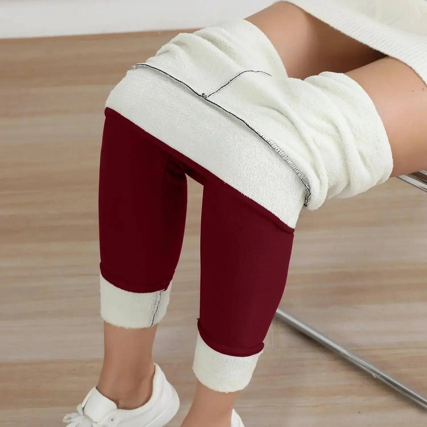 Cozy burgundy and white fleece leggings for women's fashion