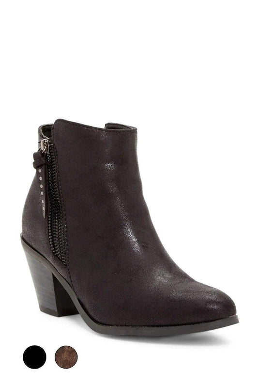Women's black suede ankle boot with side zipper and block heel, fashion footwear for casual or dressy looks