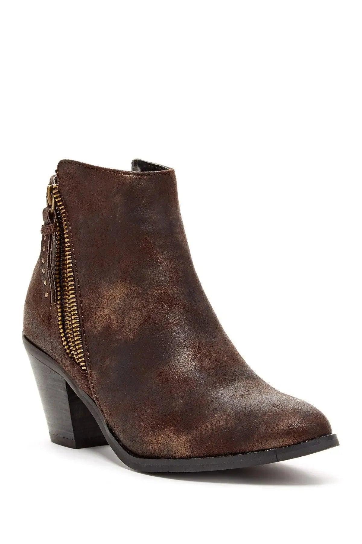 Brown suede ankle boot with side zipper and block heel, women's fashion footwear