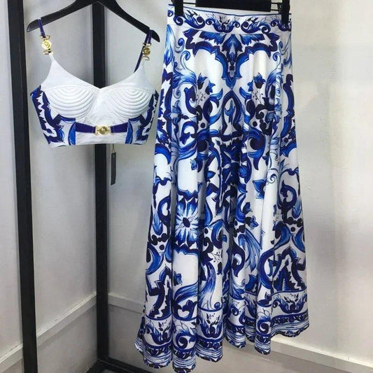 Blue and white floral print women's crop top and maxi skirt set, fashion boutique style