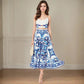 Blue and white patterned midi skirt with matching crop top, women's fashion outfit