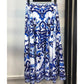Blue and white floral print midi skirt for women's fashion