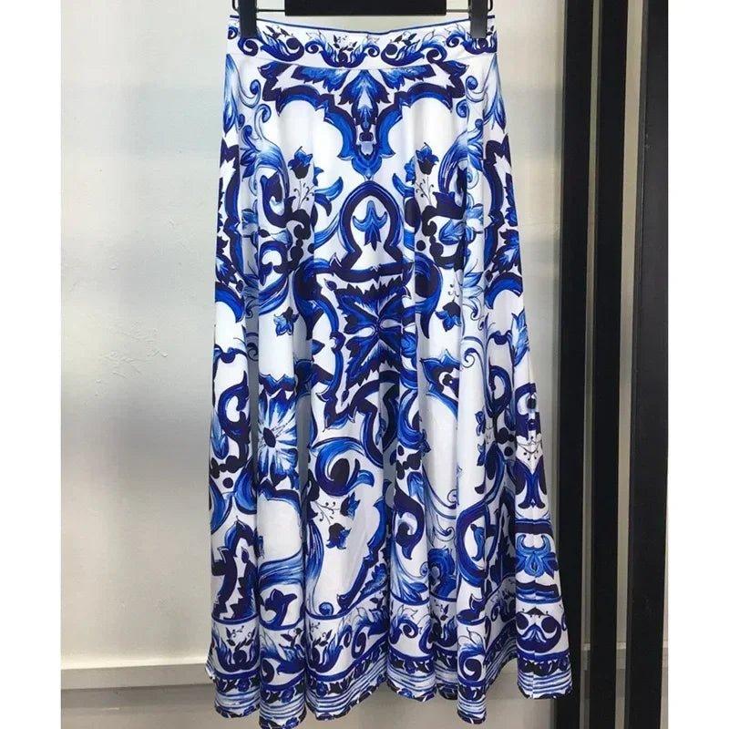 Blue and white floral print midi skirt for women's fashion