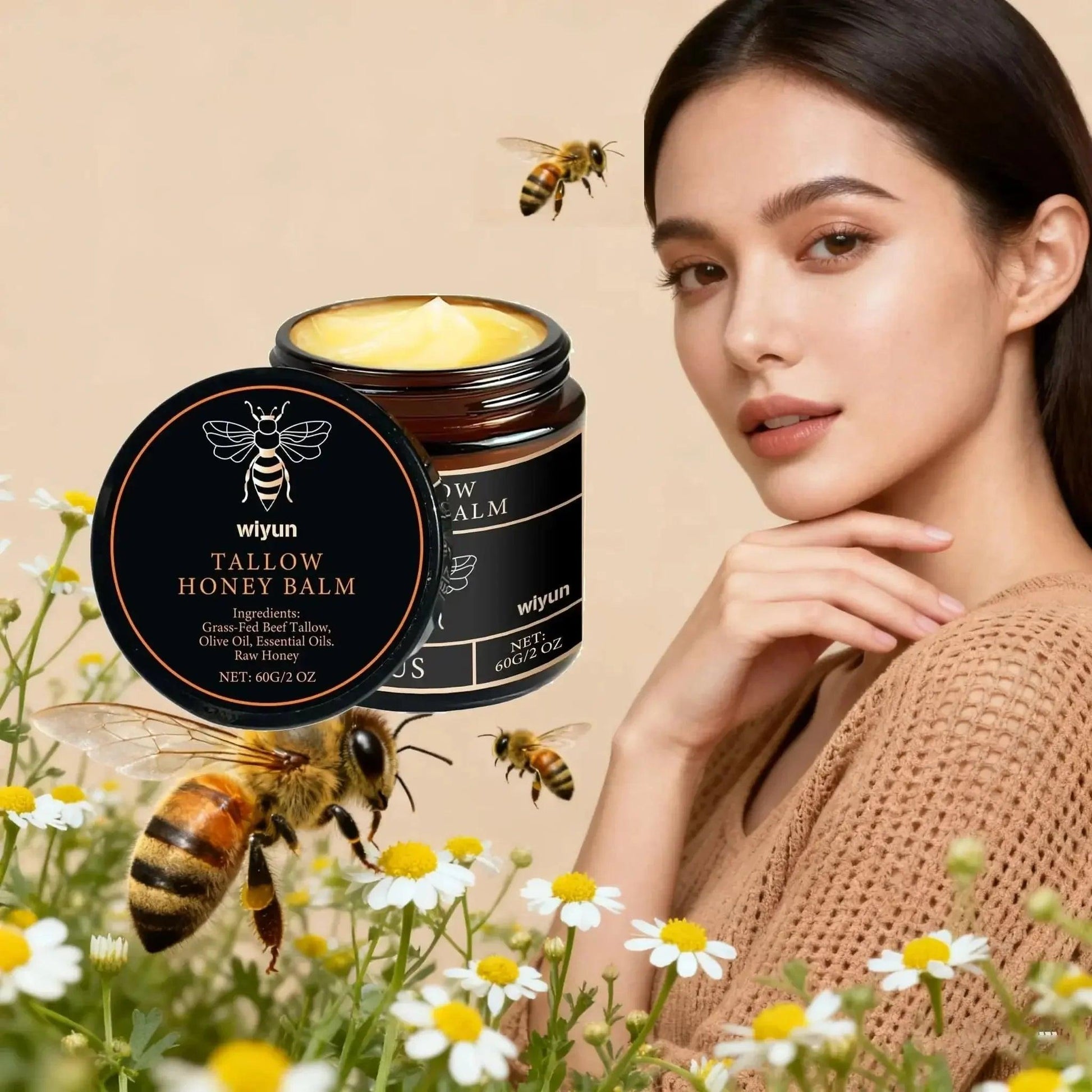 Wiyun Tallow Honey Balm with bees and chamomile flowers, natural skincare for glowing skin